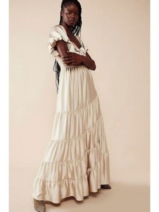 Free People Dresses & Skirts - Free People Silky Maxi Dress Ivory Boho Smocked Romantic Short Sleeve M